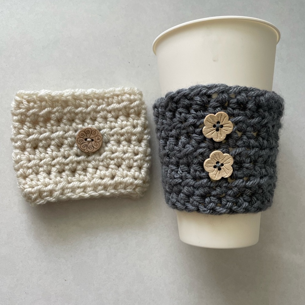 Handmade Cream & Grey crocheted coffee sleeves.
